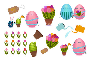 3D clip art collection of adorable anthropomorphic Easter eggs characters and couple egg, potted cactus and tulips, bouquet of flowers, watering cans, and tulip set in a festive holiday theme.