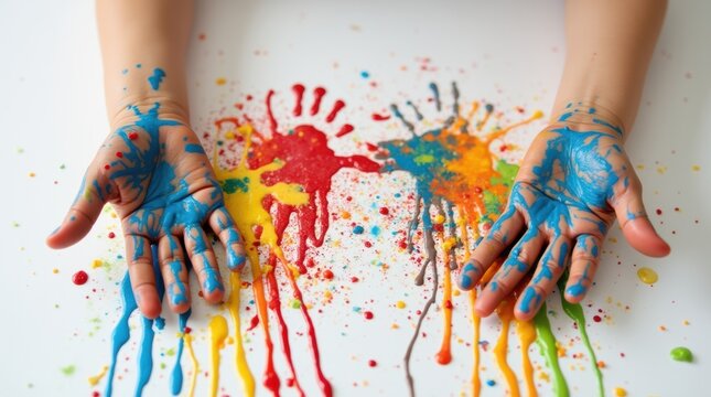 A close-up of small hands covered in wet, dripping paint, pressed against a white canvas, creating handprint artwork full of bright, swirling colors