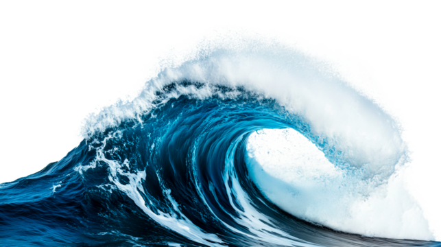 Giant wave rolling and crashing, foamy, powerful water, isolated, cut out transparent