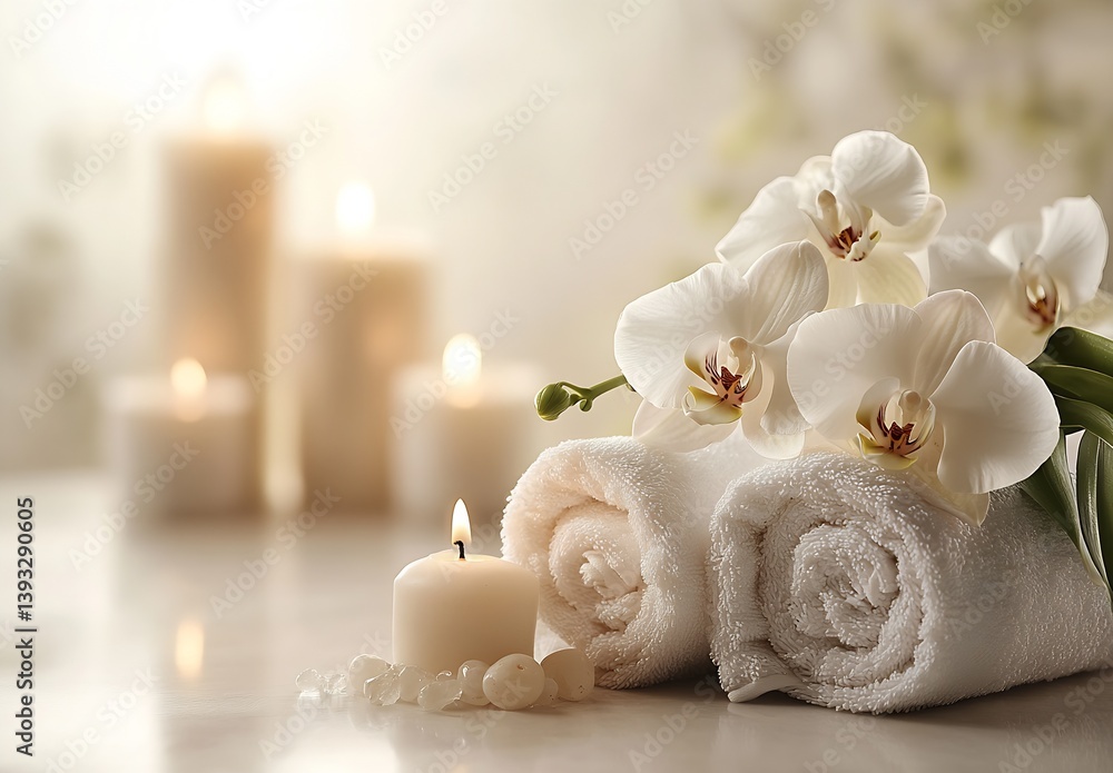 Poster luxurious spa setting with soft towels exquisite orchids and flickering candles for relaxation : gen