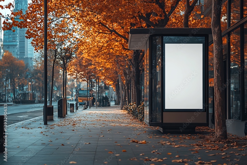 Poster autumn cityscape with bus stop and blank advertisement billboard fall foliage and urban landscape ar