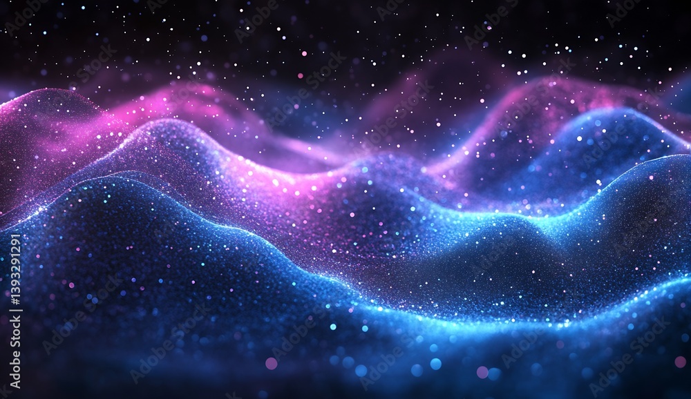Poster Stunning abstract waves of colored light in a beautiful cosmic space with sparkling particles : Generative AI