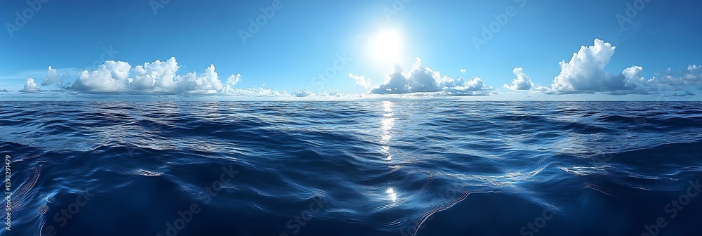 Poster vast panoramic view of blue ocean with sparkling sunlight reflection and dramatic white clouds for t