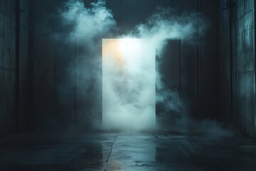 Mysterious Doorway Ajar in Dark Concrete Room Filled with Smoke Illuminating Hope Opportunity Gateway Success : Generative AI