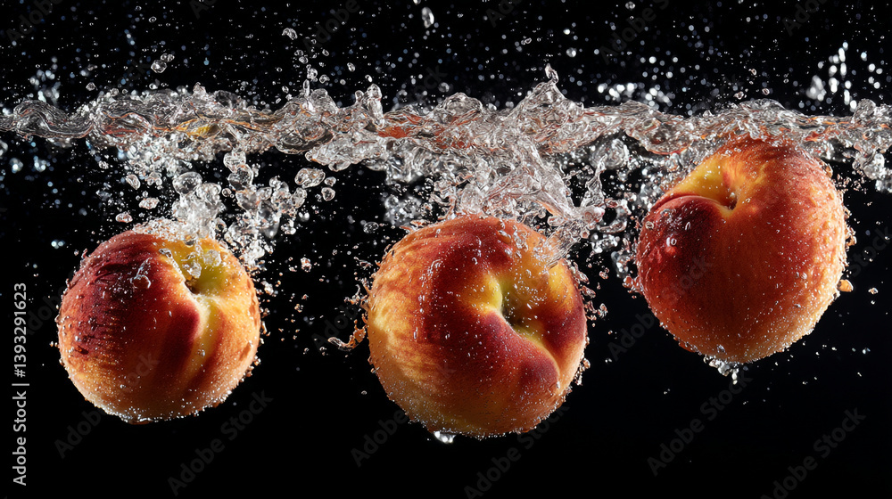 Poster three peaches splashing into water with a black background in a studio shot showing freshness