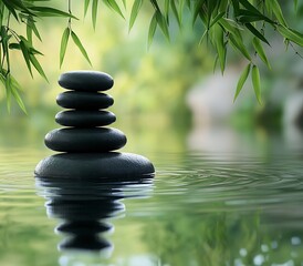 Obraz premium Zen Stone Stack in Water with Green Bamboo Leaves Peaceful Still Life Calm Meditation Spa Therapy Nature Reflection Wellness : Generative AI
