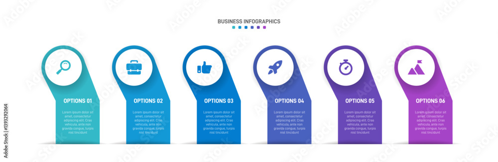 Poster horizontal progress bar featuring 6 arrow-shaped elements, symbolizing the six stages of business st
