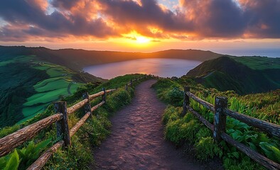Dramatic Sunset Over Lake Azores Serene Landscape with Lush Green Hills and a Scenic Path to Tranquility : Generative AI