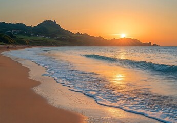 Fototapeta premium Golden Hour at the Beach with Waves Crashing on Shore and Rocky Headland at Sunset with Warm Coastal Light : Generative AI