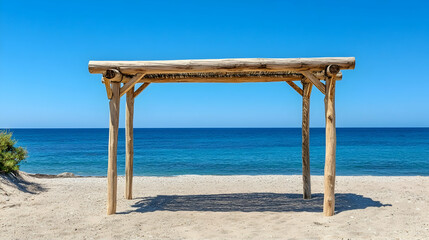Wooden Beach Gazebo, Sunny Day, Ocean View, Relaxation, Outdoor Shelter