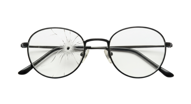 Isolated Broken Eyeglasses with Cracked Lens After Accident