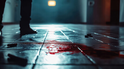 Naklejka premium A figure stands in a dimly lit hallway where bloodstains mar the floor. Abandoned weapons lie scattered nearby, suggesting a violent confrontation has occurred