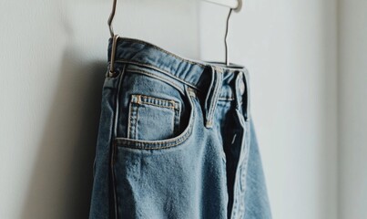 Light wash denim jeans hanging on a hanger