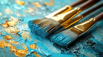 Obraz premium Artistic paintbrushes dipped in vibrant blue hues, resting on a textured canvas with gold accents