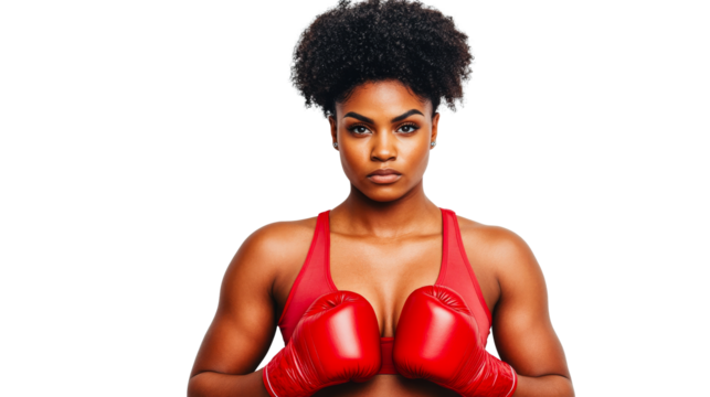 Confident Boxer Posing in Red Gloves and Bra, cut out transparent