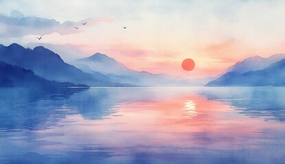 Tranquil Waters of a Lake Reflecting a Beautiful Sunrise in Pastel Hues : Generative AI