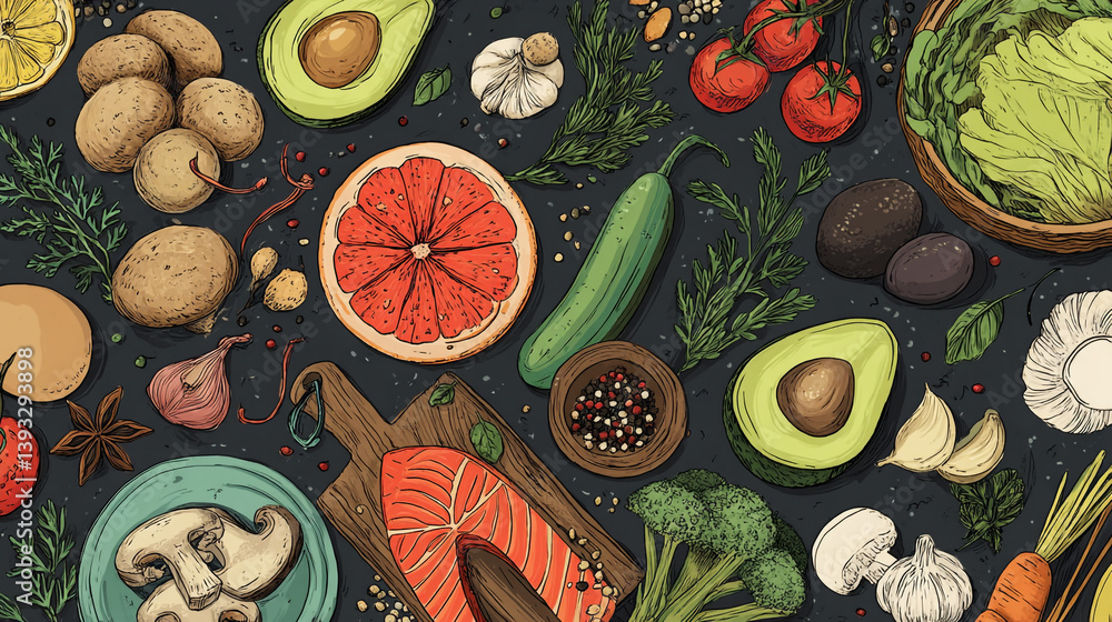Poster a vibrant array of fresh produce and protein arranged on a dark surface in a top down view style