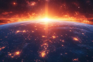 Obraz premium Sunrise over Earth from space, vibrant colors, city lights