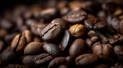 A close up shot showcasing a pile of roasted coffee beans with rich brown color and intricate details