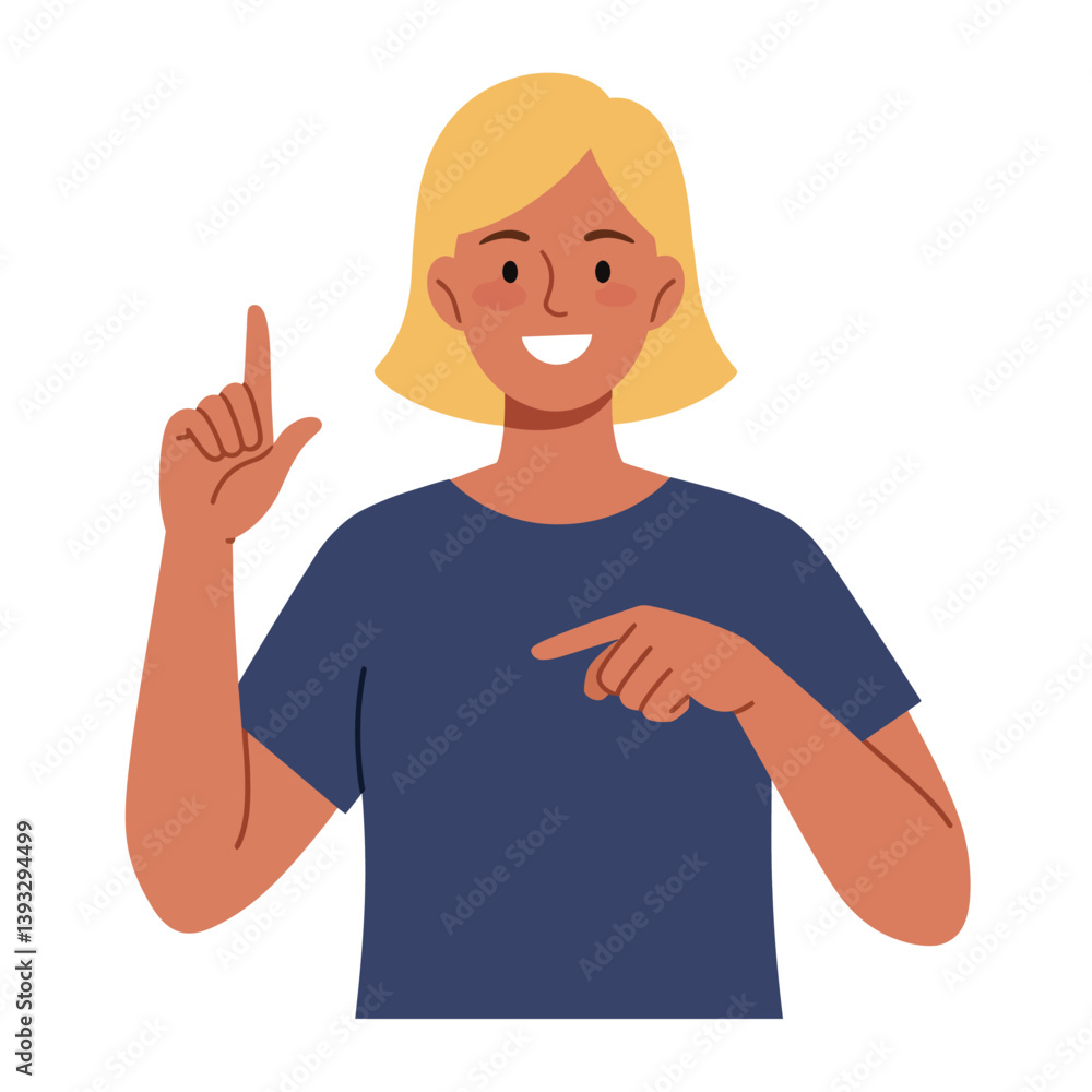 Poster person gesturing with a finger pointing and smiling in flat vector art