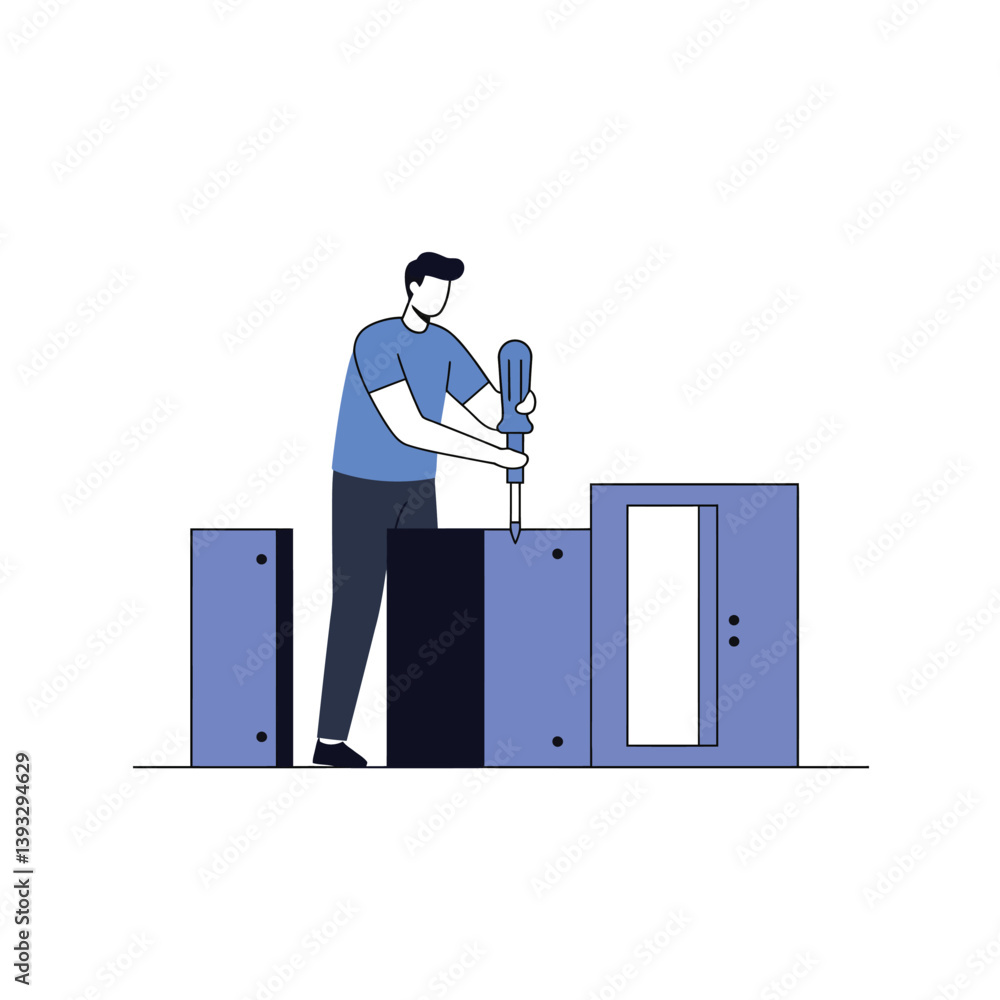 Aufkleber man assembling furniture with screwdriver in flat minimal vector art
