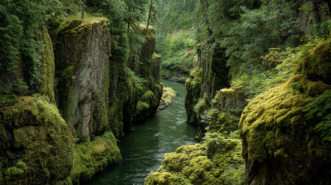 A river gorge with lush moss-covered walls