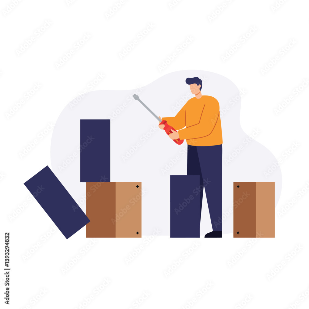 Poster worker using a tool to move boxes in minimal vector art