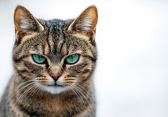 Obraz premium Striking closeup of a tabby cat showcasing its enchanting green eyes and expression : Generative AI