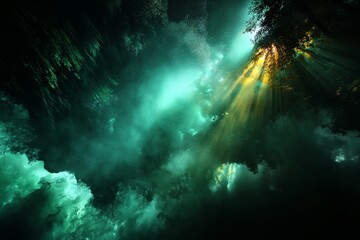 Obraz premium Mystic Light Beams Illuminate Forest River