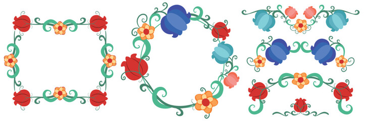 Vector set of floral frames, page dividers, borders, and decorative elements from colorful various ornamental flowers and leaves.