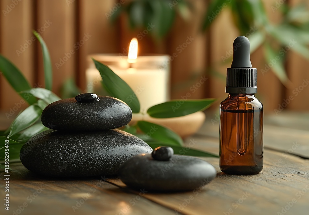 Poster calming setting with stacked stones and essential oil dropper bottle highlighting tranquility and we