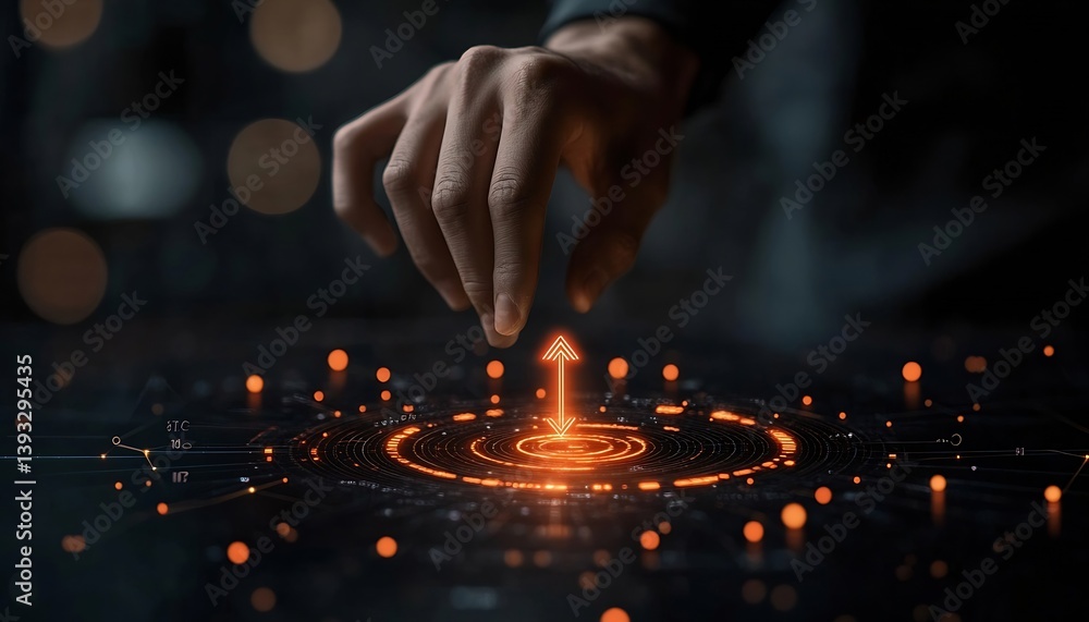 Poster futuristic technology interface with hand touching arrow up. innovation business growth and digital 