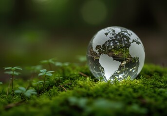 A clear glass globe placed on vibrant green moss symbolizes environmental protection.