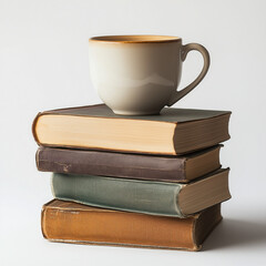 Naklejka premium Stack of books with coffee mug on top cozy study setup isolated on white background