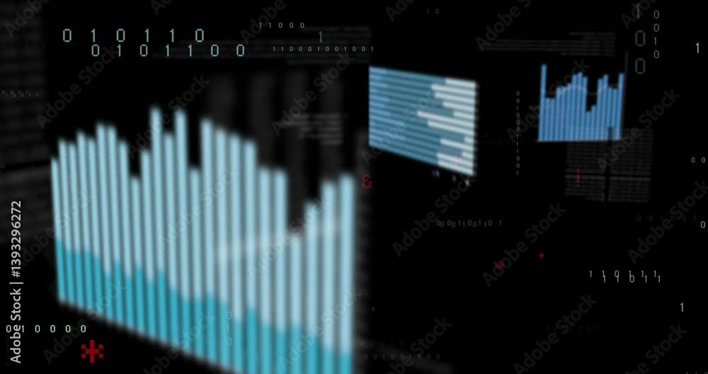 Poster bar chart with monthly data over digital binary code and graphs animation