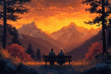 Couple enjoying a breathtaking mountain sunset
