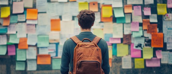 A man with a brown backpack is looking at a wall covered in colorful sticky notes. The notes are arranged in various shapes and sizes, and the man is contemplating the meaning behind them