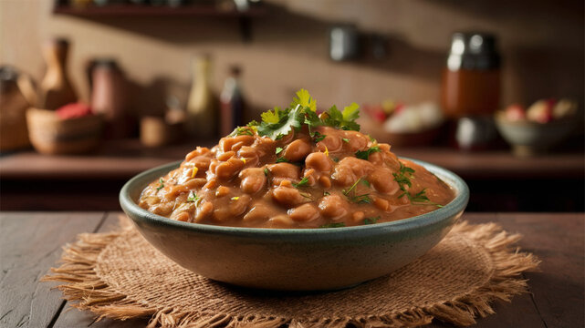 Frijoles Refritos: Creamy frijoles refritos with natural texture variations, served in a rustic bowl.