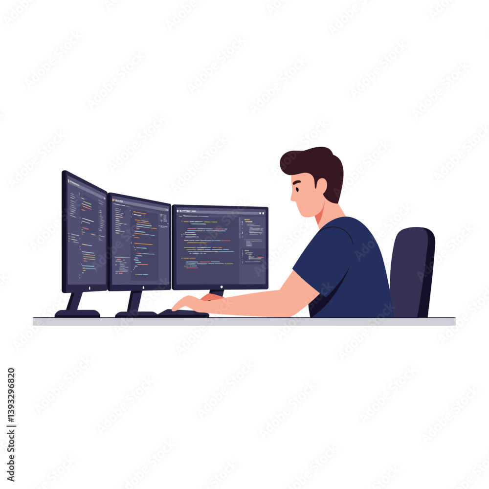 Poster young man coding at computer desk in flat vector art style, modern workspace illustration