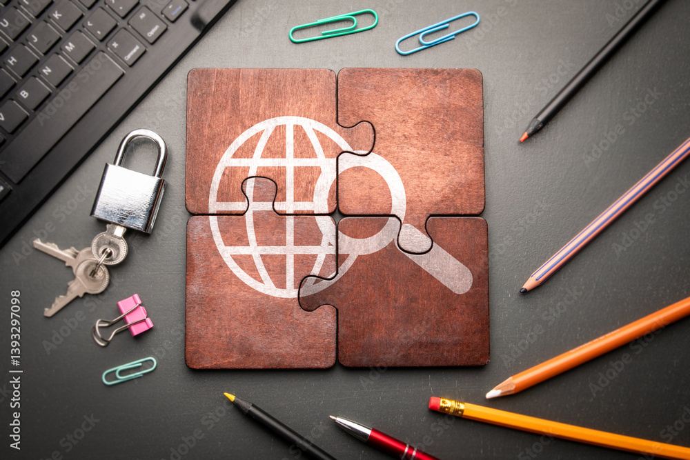Canvas Prints search and artificial intelligence concept. wooden puzzle pieces with text on a dark office table