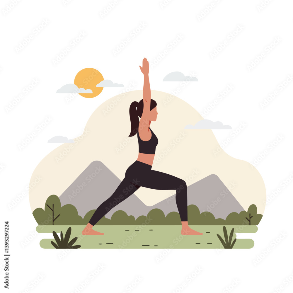 Poster yoga practitioner in warrior pose with minimal design style vector art