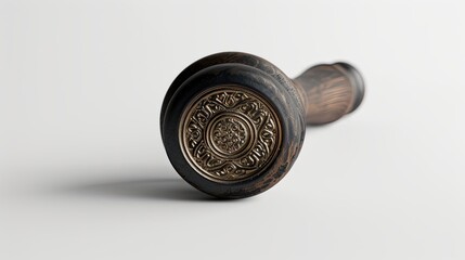 A metal wax seal stamp with an ornate emblem on the base. Realistic studio photo with soft shadows and clean white background.