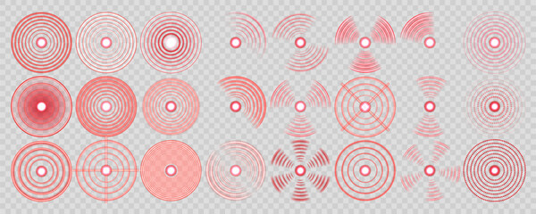 Red target circle identifies painful or inflamed body spot. Concentric radar symbol marks localized internal discomfort clearly. Pulse effect visualizes throbbing sensation in affected tissue.