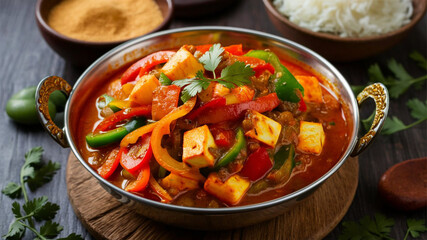 Paneer Jalfrezi is a vibrant Indian dish made with paneer (Indian cottage cheese), bell peppers, onions, and tomatoes
