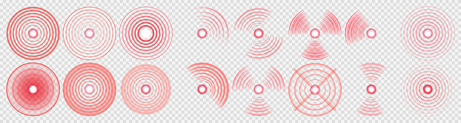 Red target circle identifies painful or inflamed body spot. Concentric radar symbol marks localized internal discomfort clearly. Pulse effect visualizes throbbing sensation in affected tissue.