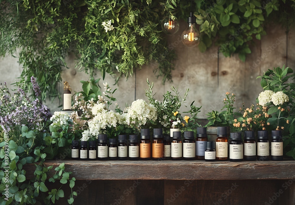Poster charming setup of essential oils and flowers in a rustic wooden setting showcasing nature's beauty :