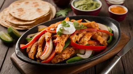 Chicken Fajitas: Sizzling strips of marinated chicken saut�ed with bell peppers and onions, served with warm tortillas