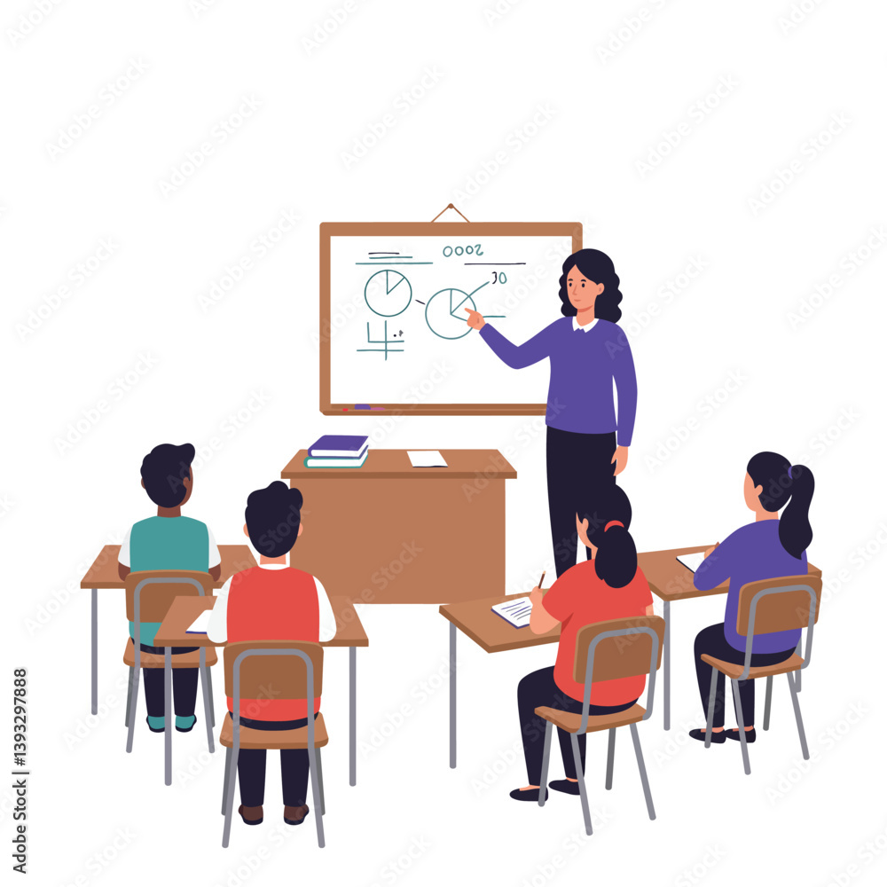 Aufkleber classroom scene with teacher presenting concepts in flat vector art style