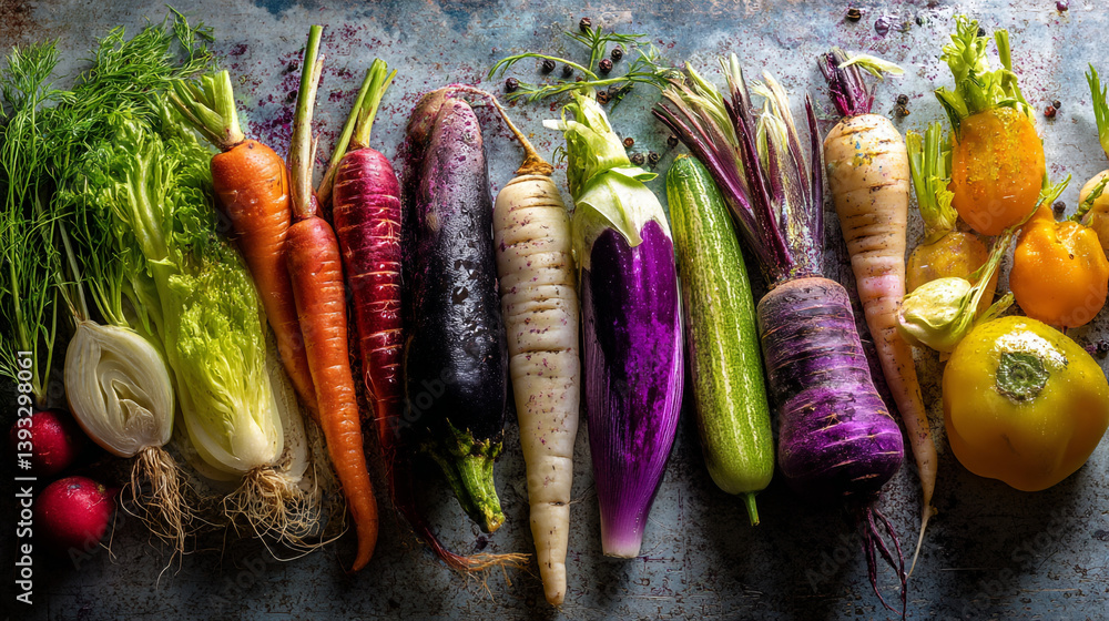Poster an overhead shot of colorful vegetables arranged on a textured surface in a studio setting