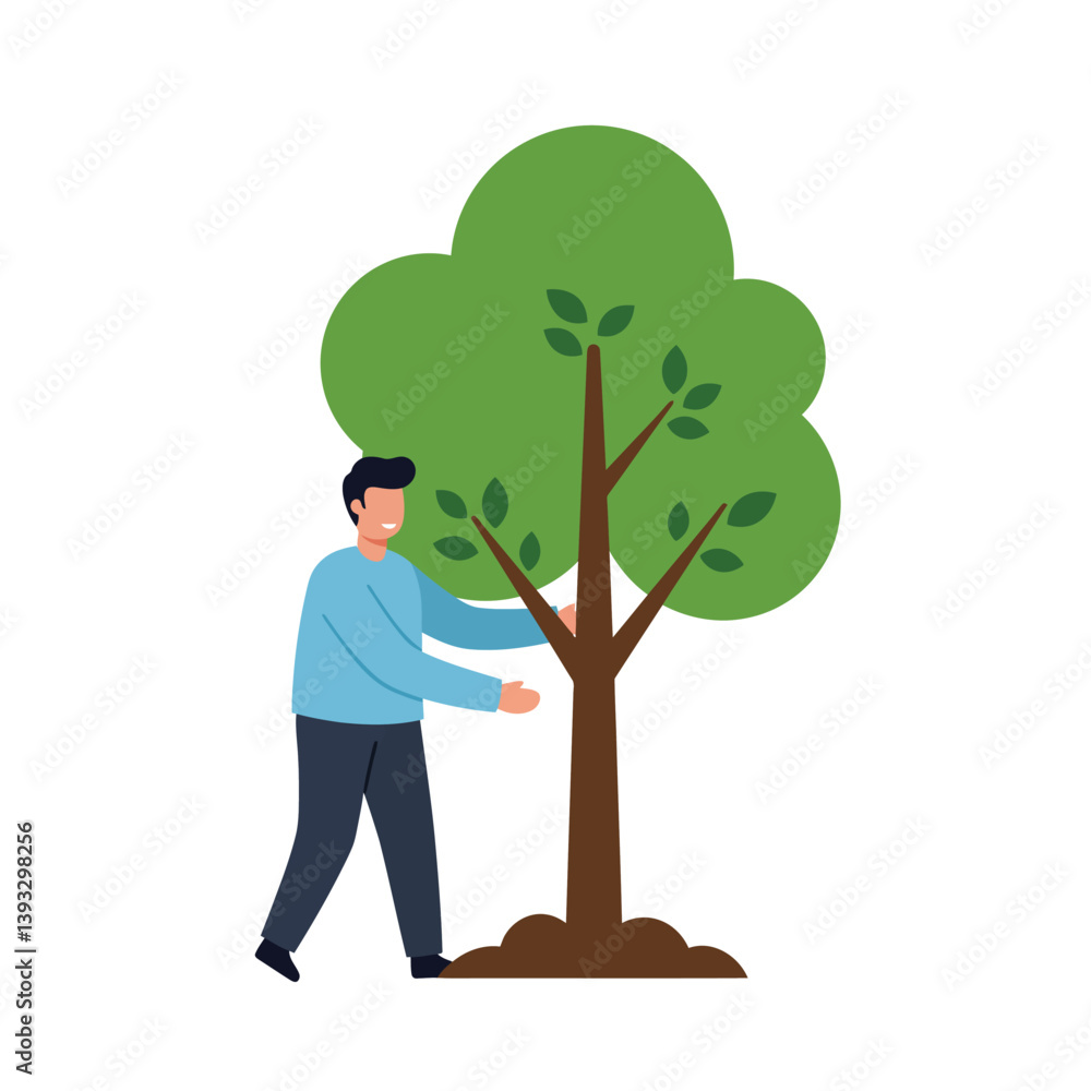 Poster man interacting with a tree in a flat design vector art illustration